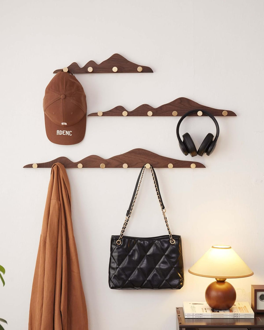 Wood Coat Hooks Wall Mount - Wooden Coat Rack with 6 Gold Brass Hooks for Ent...
