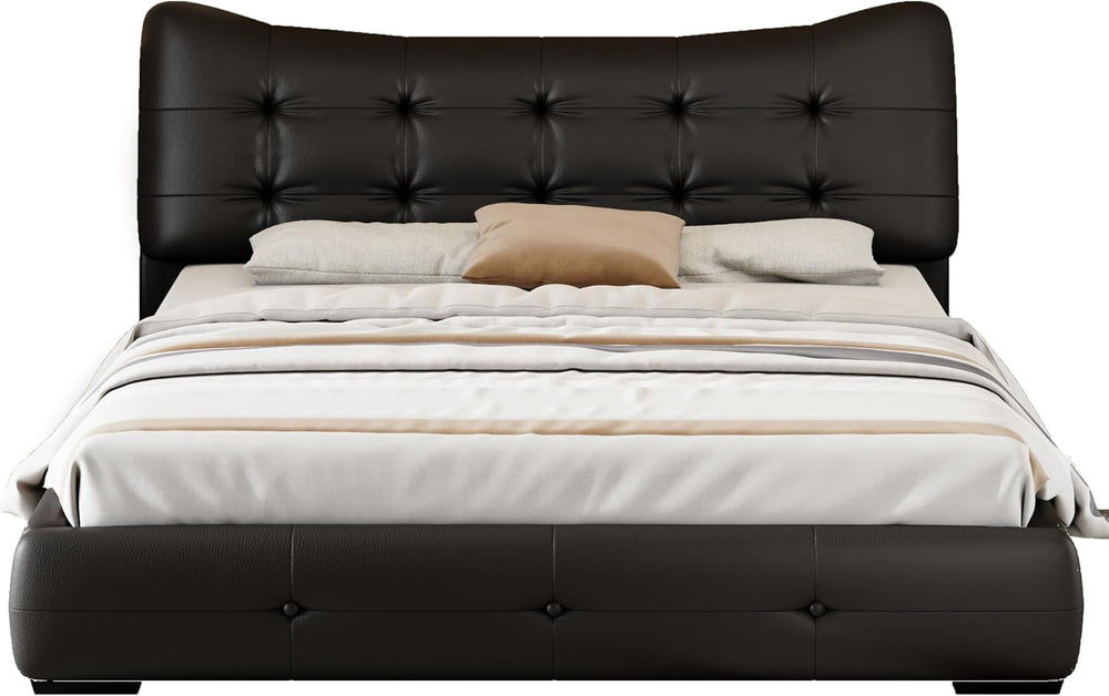 Queen Size Pu Leather Bed Frame/Button Tufted Wingback Headboard/Upholstered ...