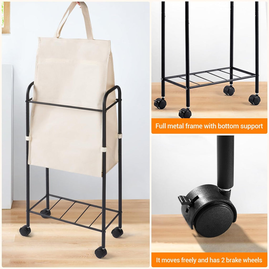 ELYKEN Slim Laundry Hamper with Lid, 50L Small Rolling Laundry Basket on Wheels, 7.9” Narrow Dirty Cloth Cart with Removable Inner Bag for Small Bathroom, Bedroom, Creamy