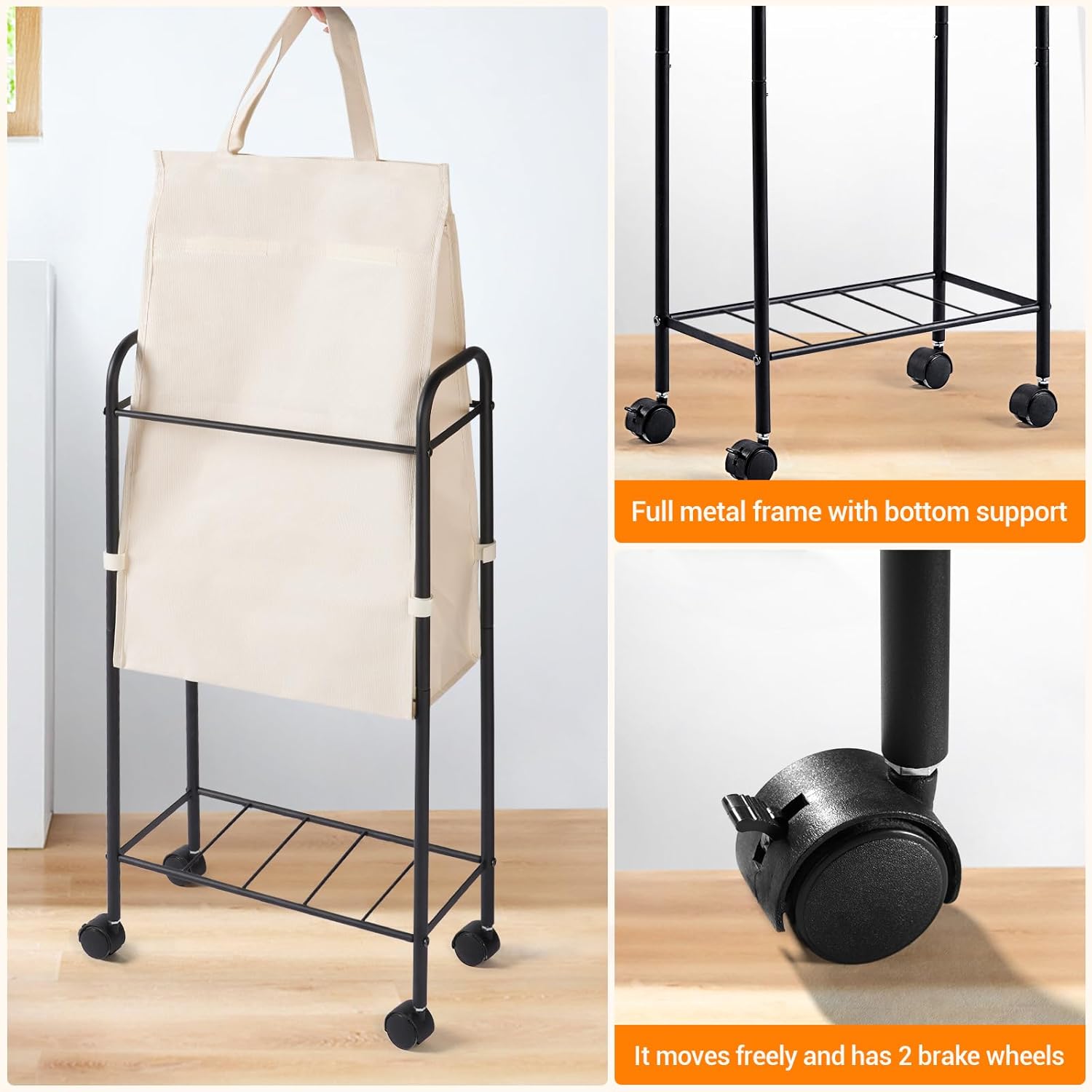 ELYKEN Slim Laundry Hamper with Lid, 50L Small Rolling Laundry Basket on Wheels, 7.9” Narrow Dirty Cloth Cart with Removable Inner Bag for Small Bathroom, Bedroom, Creamy