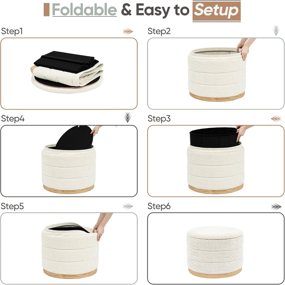 Round Storage Ottoman with Tray Lid, Folding Chenille Fabric Footrest with Hi...