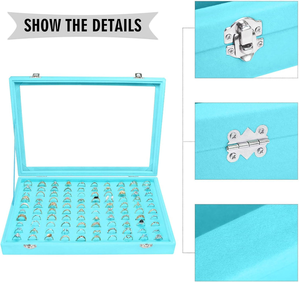 Velvet Ring Display Tray Organizer Box with Transparent Lid, 100 Slot Ring Holder Showcase For Store Display Jewelry Show Home, Ring Organizer For Rings Earrings (Light Blue)