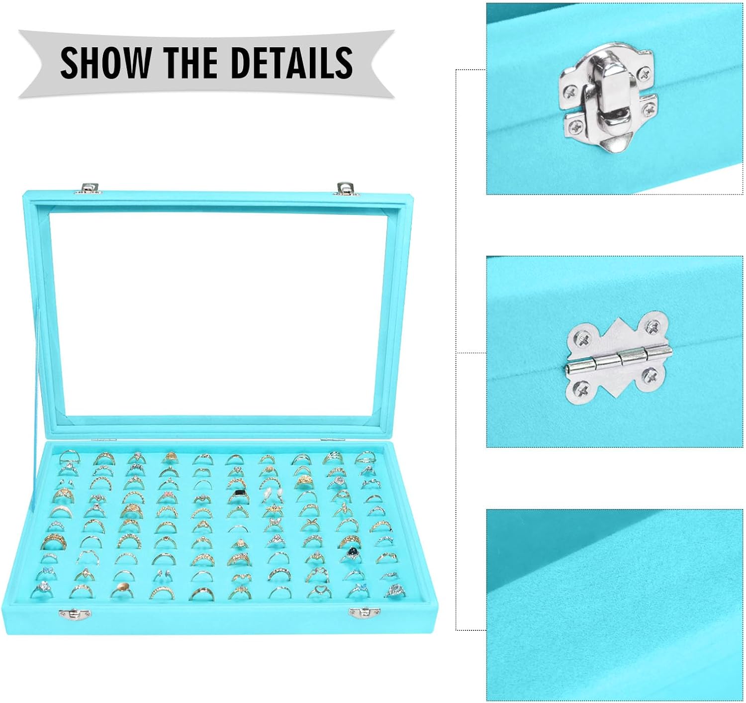 Velvet Ring Display Tray Organizer Box with Transparent Lid, 100 Slot Ring Holder Showcase For Store Display Jewelry Show Home, Ring Organizer For Rings Earrings (Light Blue)