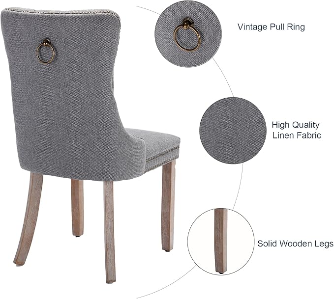 Dining Chairs Set of 2, Upholstered Tufted Linen Fabric Dining Room Chairs with High Back, Nailhead Trim and Solid Wood Legs, Modern Dining Chair for Dining Room, Kitchen(Grey)