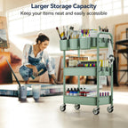 YASONIC 3-Tier Rolling Cart, Green, 66 Pounds Capacity, Mesh Storage Organizer with Lockable Wheels, 3 Hanging Cups, 4 Hooks, Easy Assembly, for Kitchen, Bathroom, Laundry, Grocery