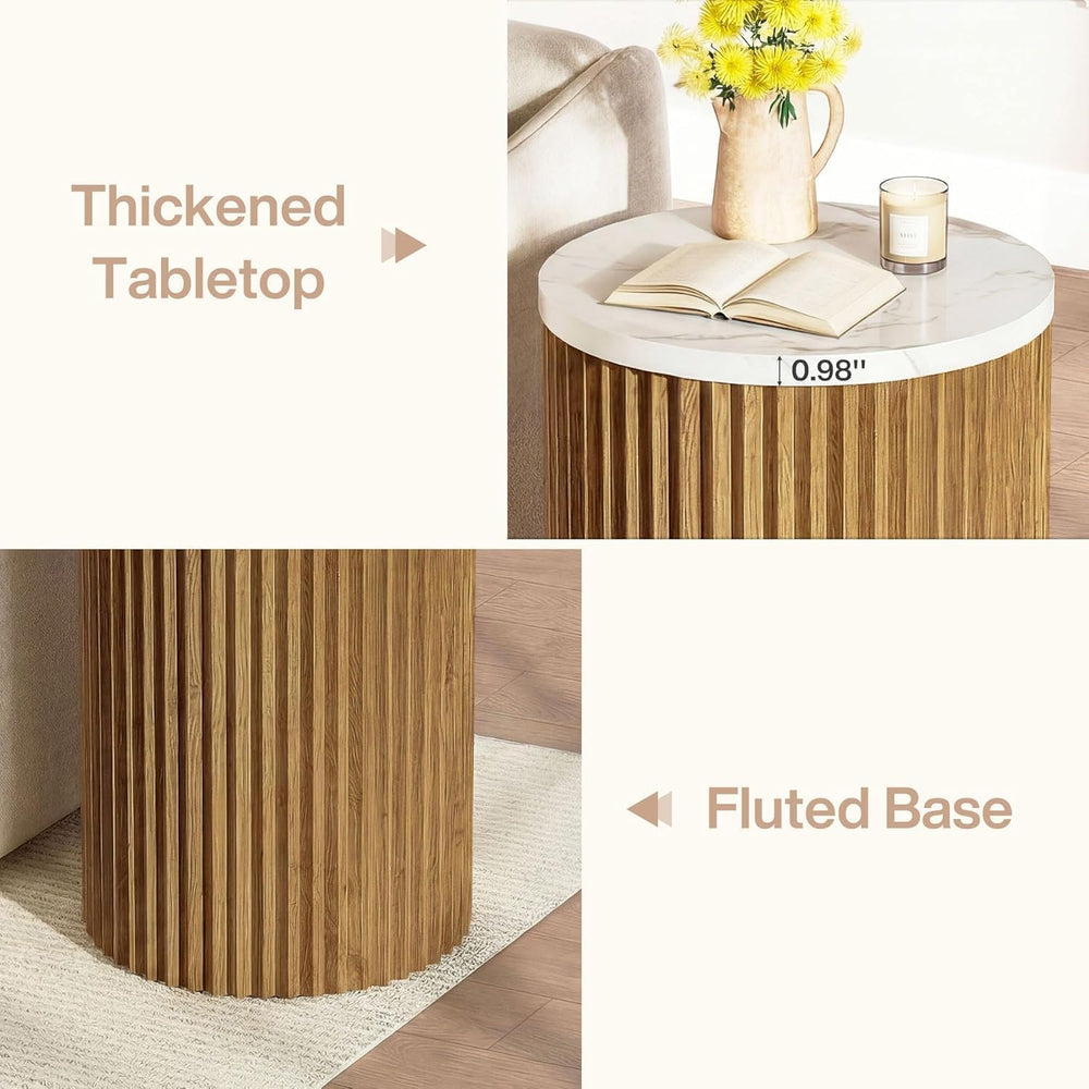 23.6-inch Round Side Table with Faux Marble Top, Drum Shape & Fluted Base...