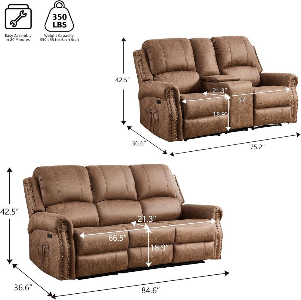 EBELLO 2 Pieces Power Reclining Sofa Set, Faux Leather Reclining Living Room ...