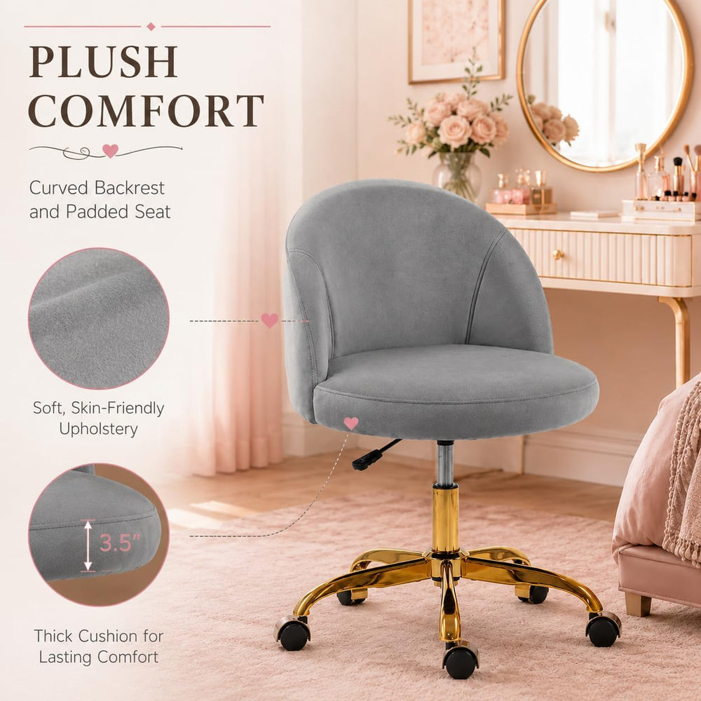 Cute Velvet Vanity Chair with Back and Rolling Wheels for Bedroom Makeup Room...