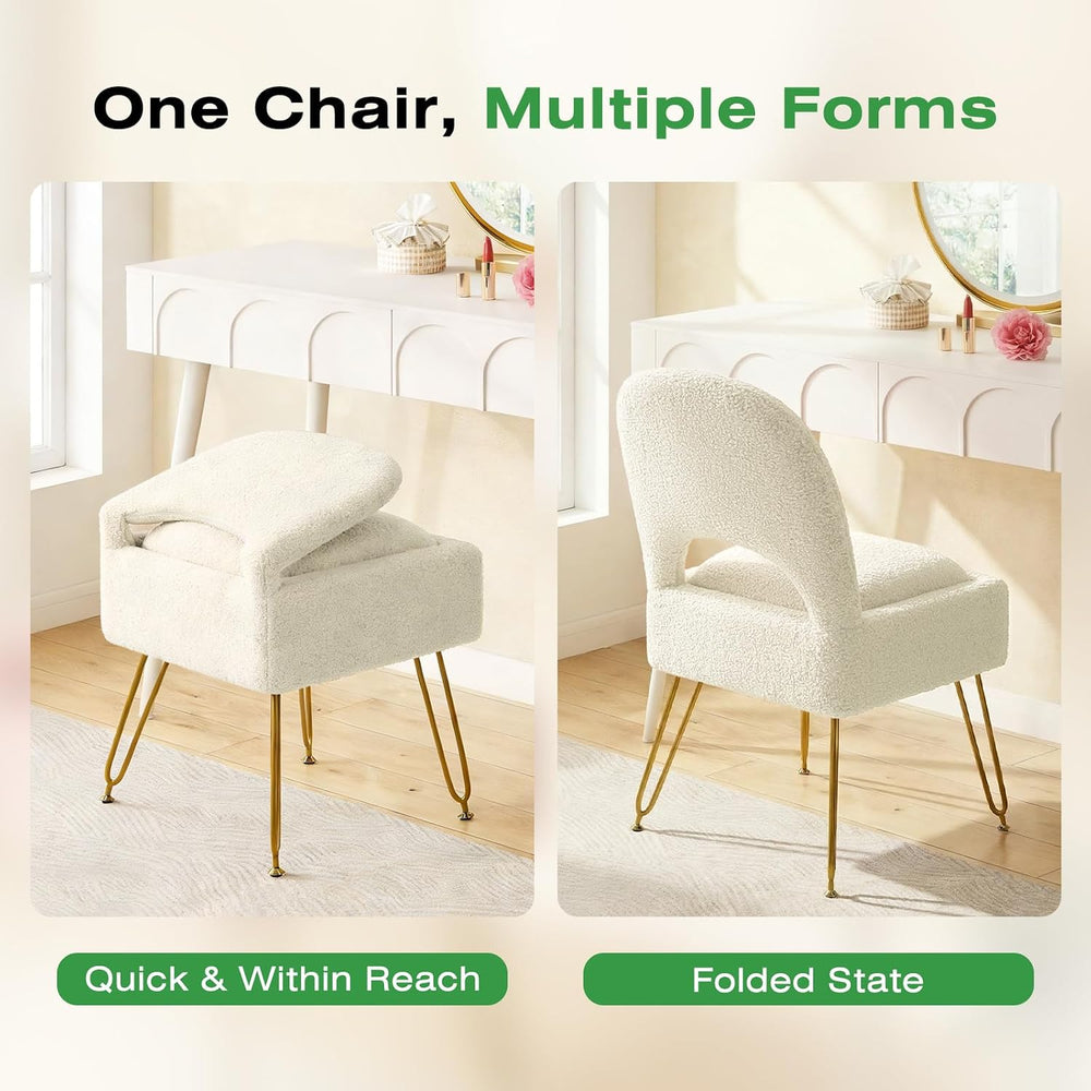 Vanity Stool with Storage & Folding Backrest, Cute White Faux Fur Makeup ...
