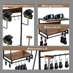 Motorcycle Helmet Rack, Wall Mount with 4 Glove Chips, 10 Hooks and Rustic Finish for Multiple Helmets and Clothes