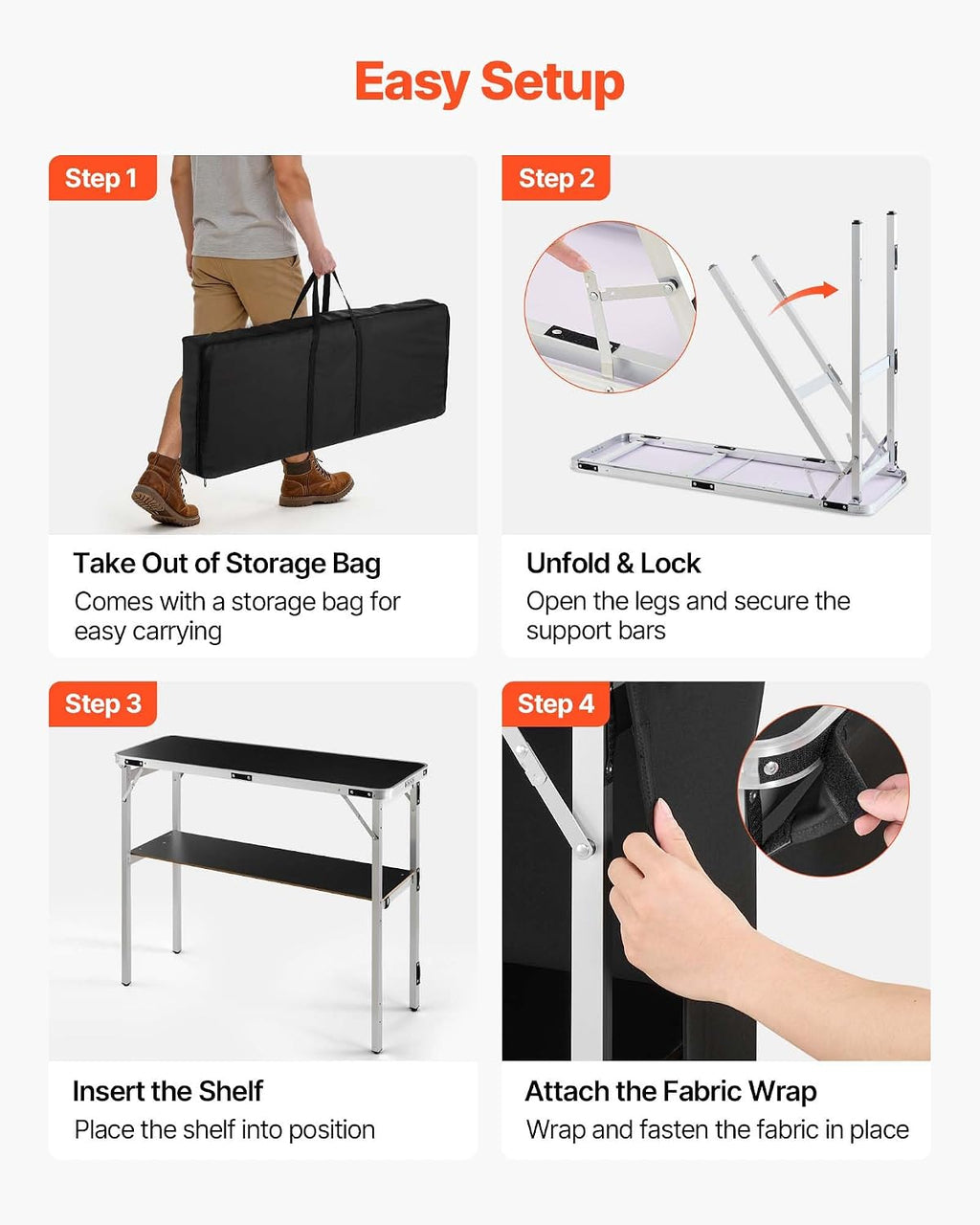 VEVOR Folding Portable Bar Table, 43.3 x 15.4 x 34.6 in, with Carry Bag, Storage Shelf, and Detachable Skirt, Quick and Easy Setup, Foldable Mobile Bartending Station for Events, Party, Tradeshow