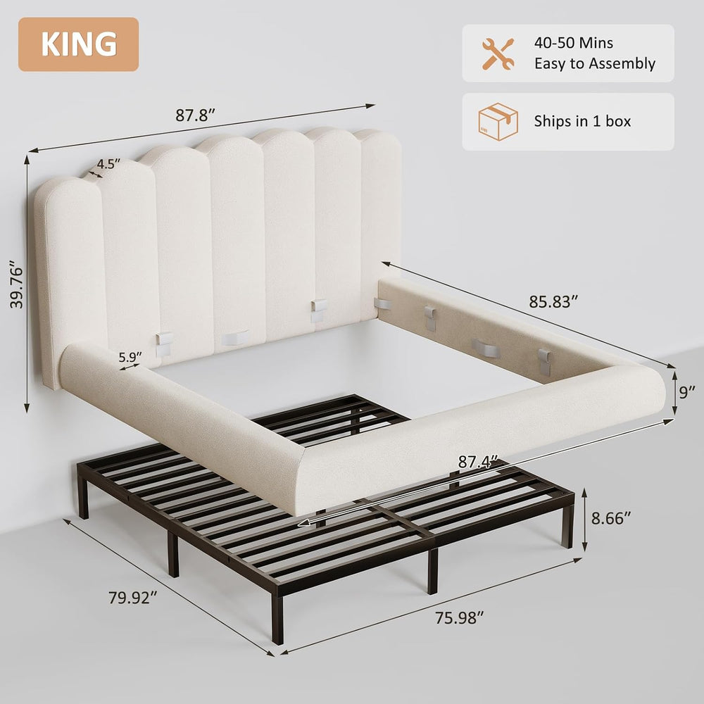King Size Cloud Bed Frame with Wave Headboard, Upholstered Platform Bed with ...