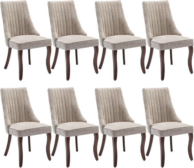 Dining Chairs Set of 8,Comfy Fabric Upholstered Chairs for Kitchen Living Room,Channel Tufted Dining Room Chairs with Curved Solid Wood Legs(Beige,8 Pcs)