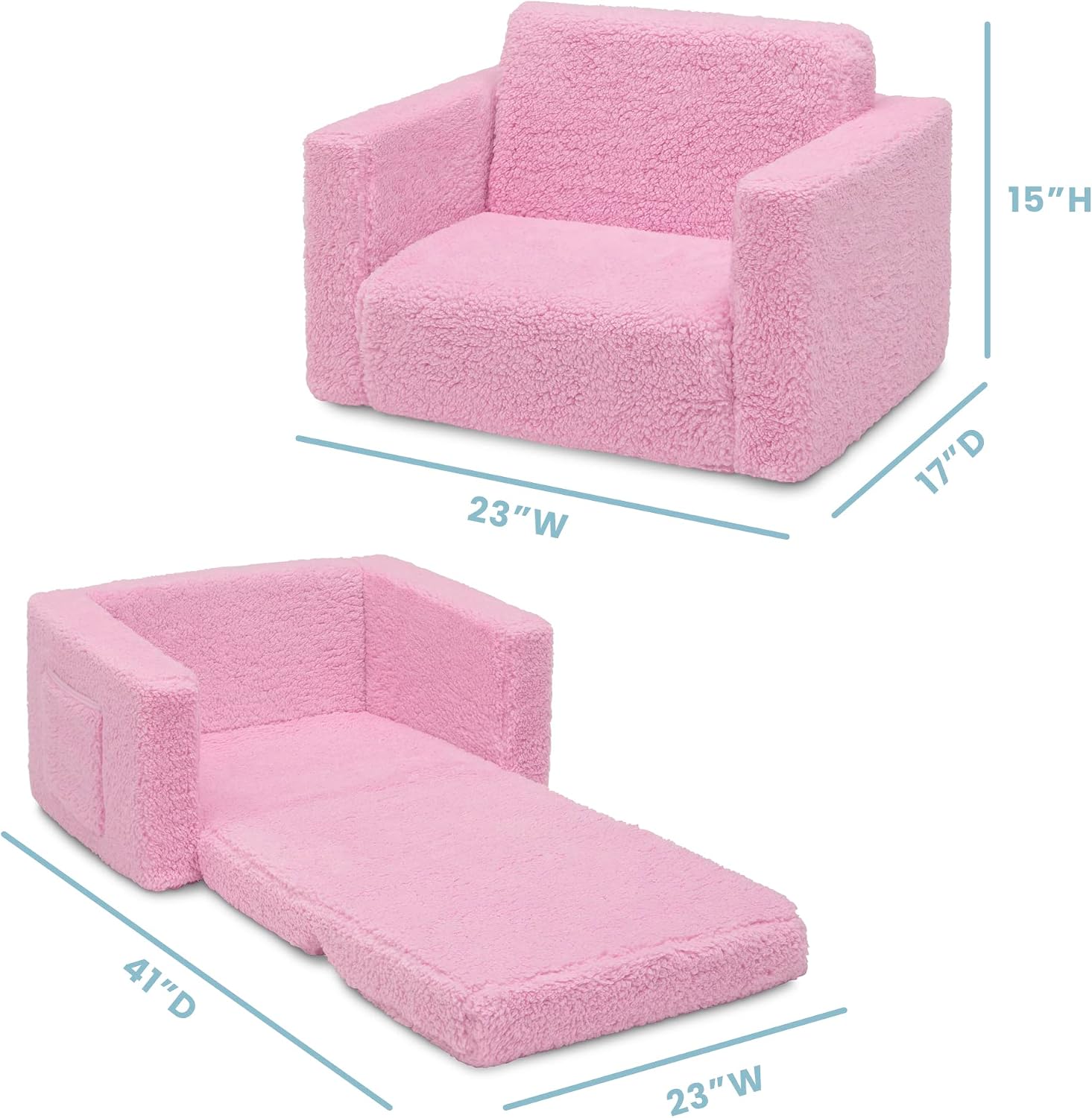 Delta Children Cozee Flip-Out Sherpa 2-in-1 Convertible Chair to Lounger for Kids, Pink