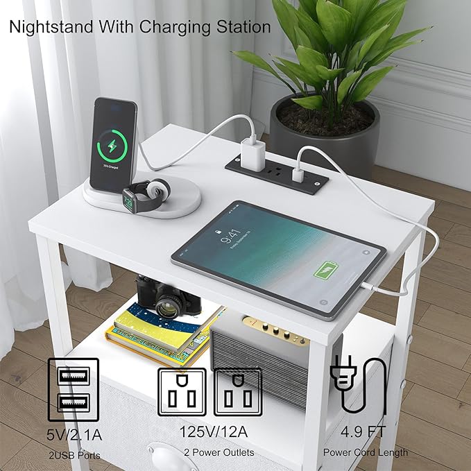 Sthmec Nightstands Set of 2, LED Bedside Tables with Charging Station and Fab...