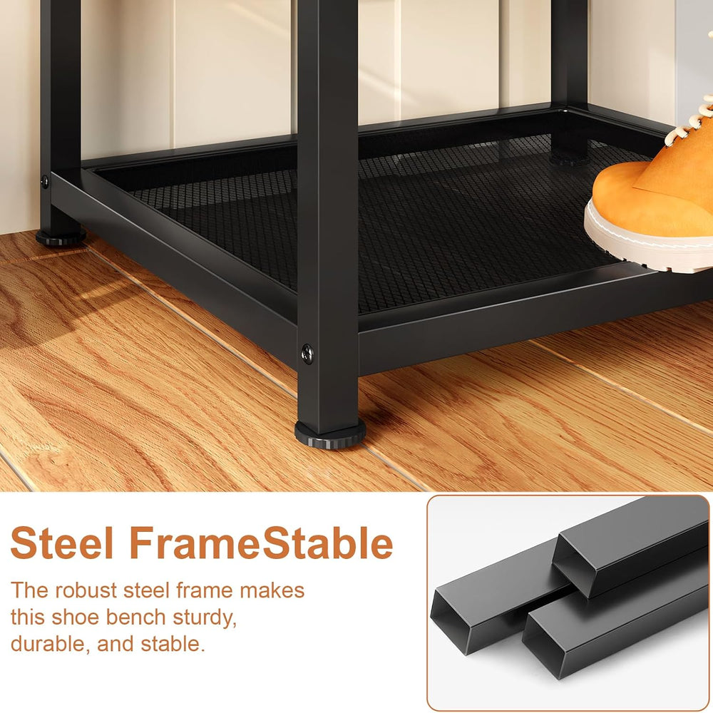 Small Shoe Storage Bench with PU Leather Seat Cushion, 3-Tier Freestanding Sh...