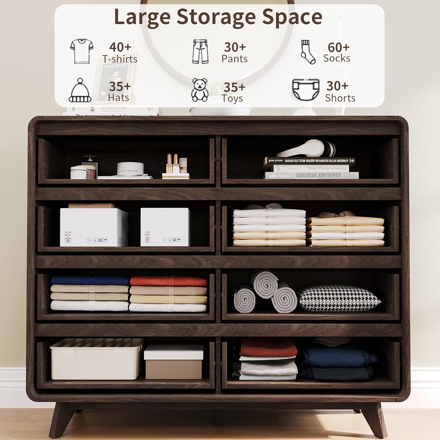 8 Drawer Dresser and Nightstand Sets for Bedroom, 3 Piece Bedroom Set, Wood 8 Drawer Dresser and Nightstand Set of 2, Fluted Chest of Drawers Wide Storage Organizer Cabinet Set, Dark Walnut