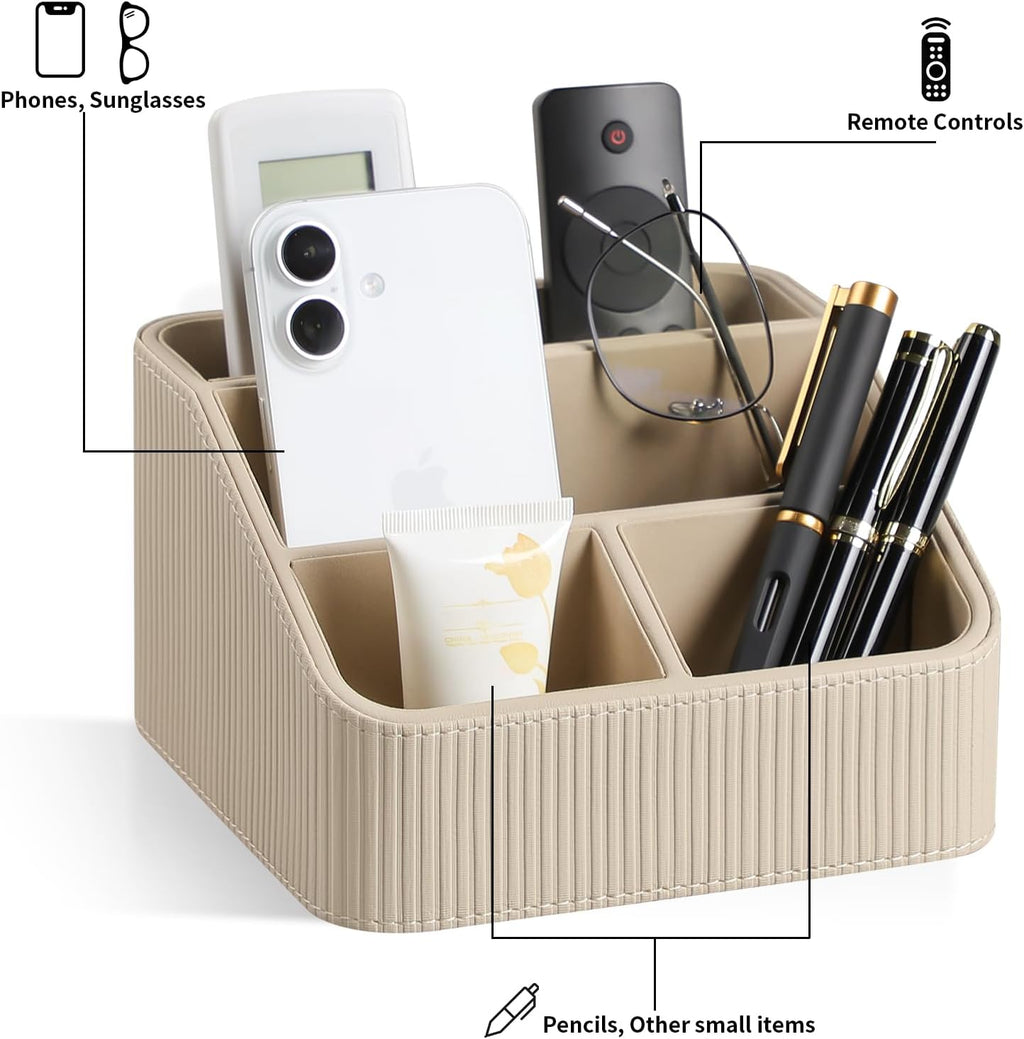 Remote Control Holder with 4 Compartments, PU Leather Small Nightstand Organizer for Home Desk Accessories Office Supplies, Multifunctional Stylish Small Bedside Desktop Organizers (Beige)