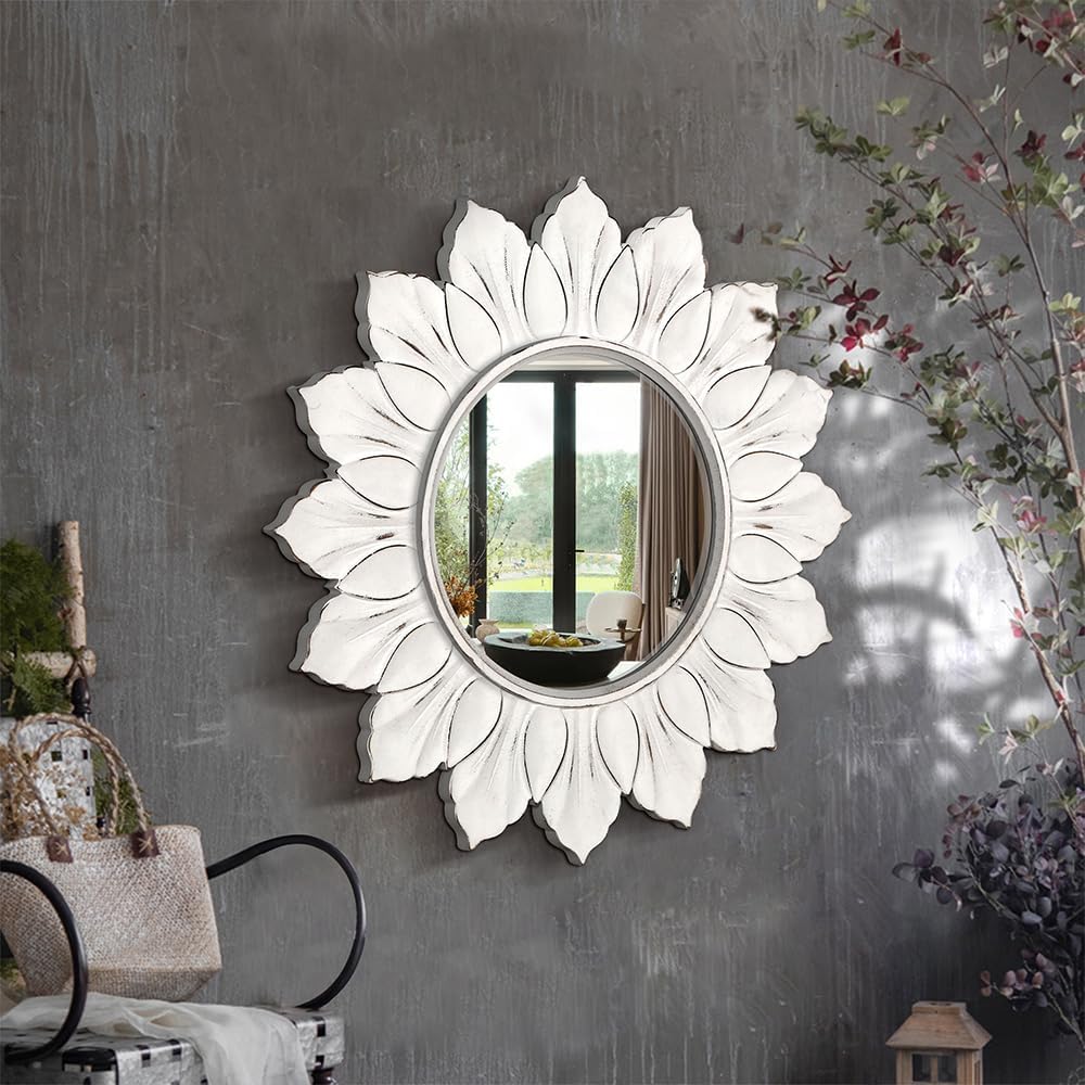 Sunflower Sunburst Wall Mirror, 22" Distressed White Wooden Frame