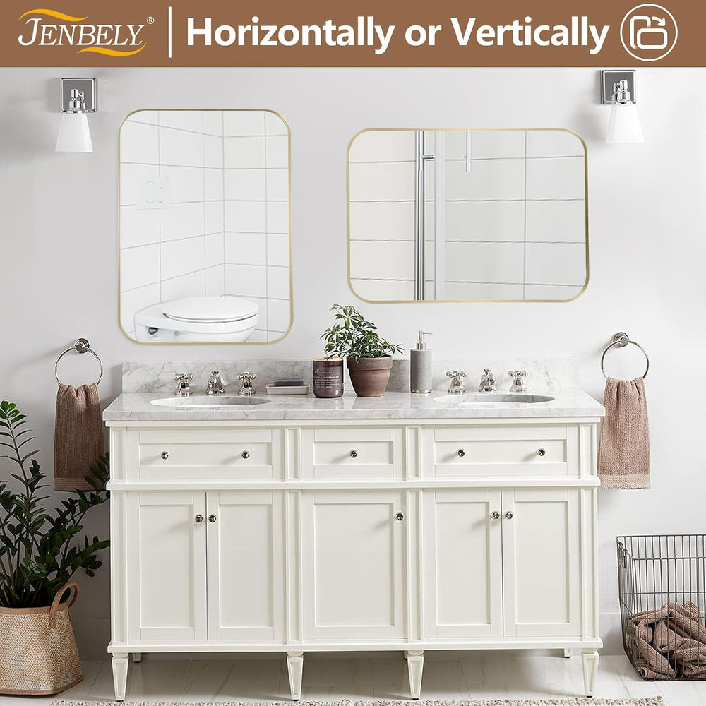 24x36 Inch Brushed Nickel Bathroom Mirror, Framed Rectangle Mirror with Round...