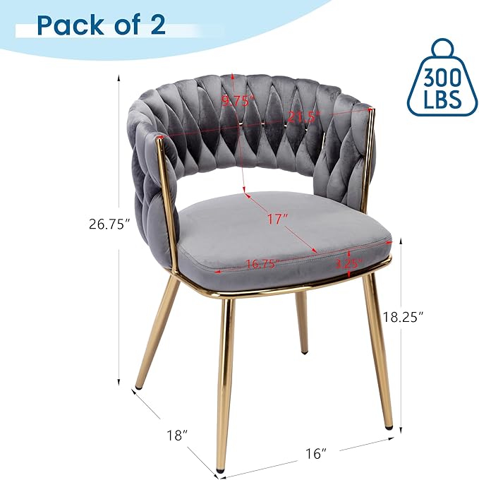 KCC Velvet Dining Chairs Set of 4, Gold Modern Dining Chair with Metal Legs, Woven Upholstered Dining Chairs for Dining Room, Kitchen, Vanity, Living Room (Gray)