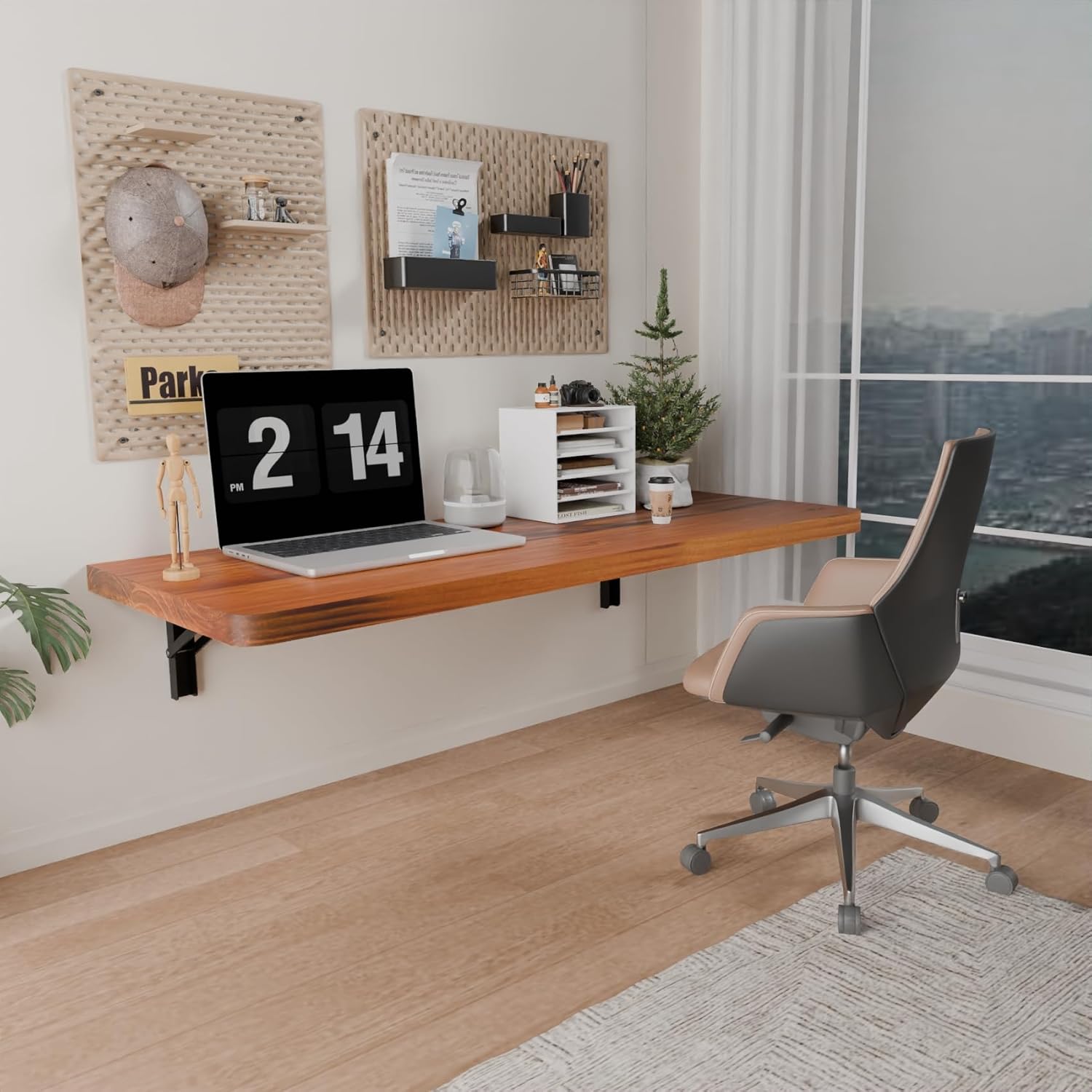 IAE Wall Mounted Folding Table with Pine Wood,Floating Wall Desk,Laundry Folding Table with Shelf Brackets,Fold Down Desk Shelf,Folding Workbench for Home,Dining,Laundry Room,Kitchen,36" x 14",Teak