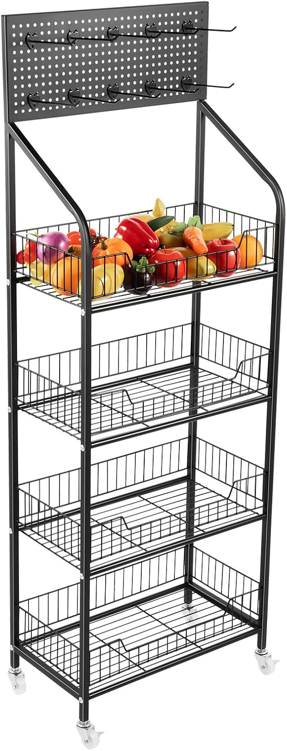 4 Tiers Baskets Adjustable Rolling Display Snack Rack, Snack Storage Organize...