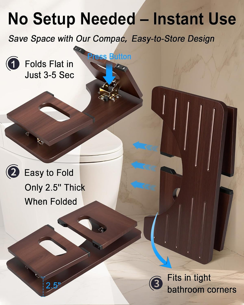 Foldable Toilet Stool, 7 Inch Poop Stool for Bathroom, Bamboo Toilet Stool Sq...