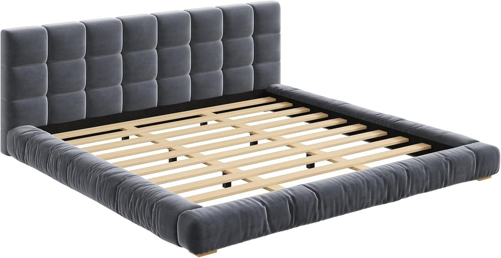 King Size Velvet Upholstered Low Profile Platform Bed with Channel Tufted Hea...