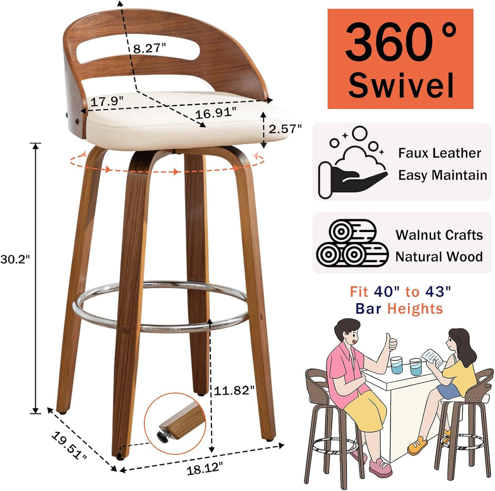Swivel Bar Stools, 30 inch Mid Century Modern Bar Stools with Low Back | Soli...