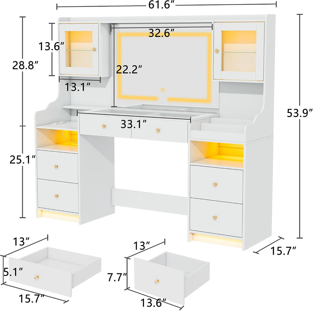 62" Large White Vanity Desk with Glass Top, Makeup Vanity with Mirror an...