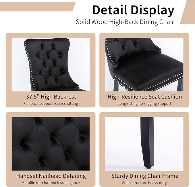 Modern Dining Chairs Set of 2, Tufted Upholstered Dining Chair with Solid Wood Legs, Black Velvet Accent Chair, Sillas de Comedor, Comfy Kitchen Chairs (Black, Velvet, 2Pcs)