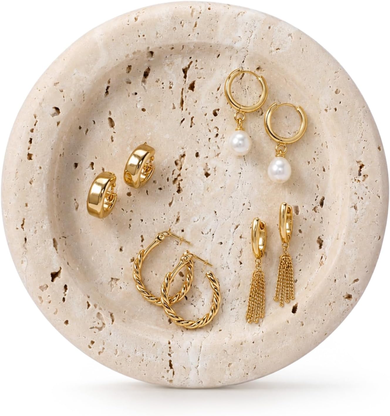 5.5 Inch Small Travertine Stone Tray Marble Jewelry Dish Trinket Tray for Women, Perfume, Coffee Table (Round)