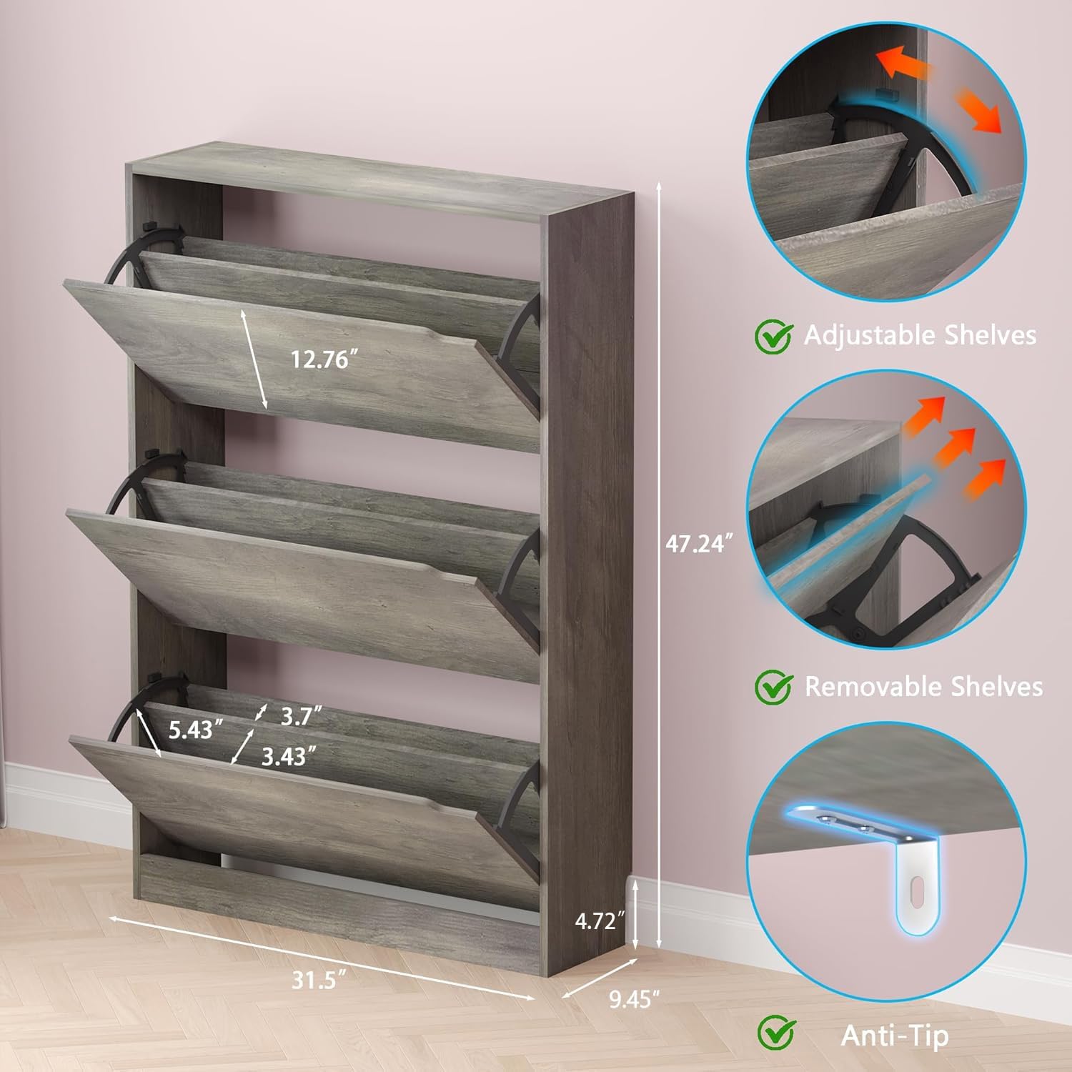 Shoe Cabinet with 3 Flip Drawers, Hidden Wood Shoe Cabinet,Freestanding Shoe Storage Cabinet for Entryway Hallway