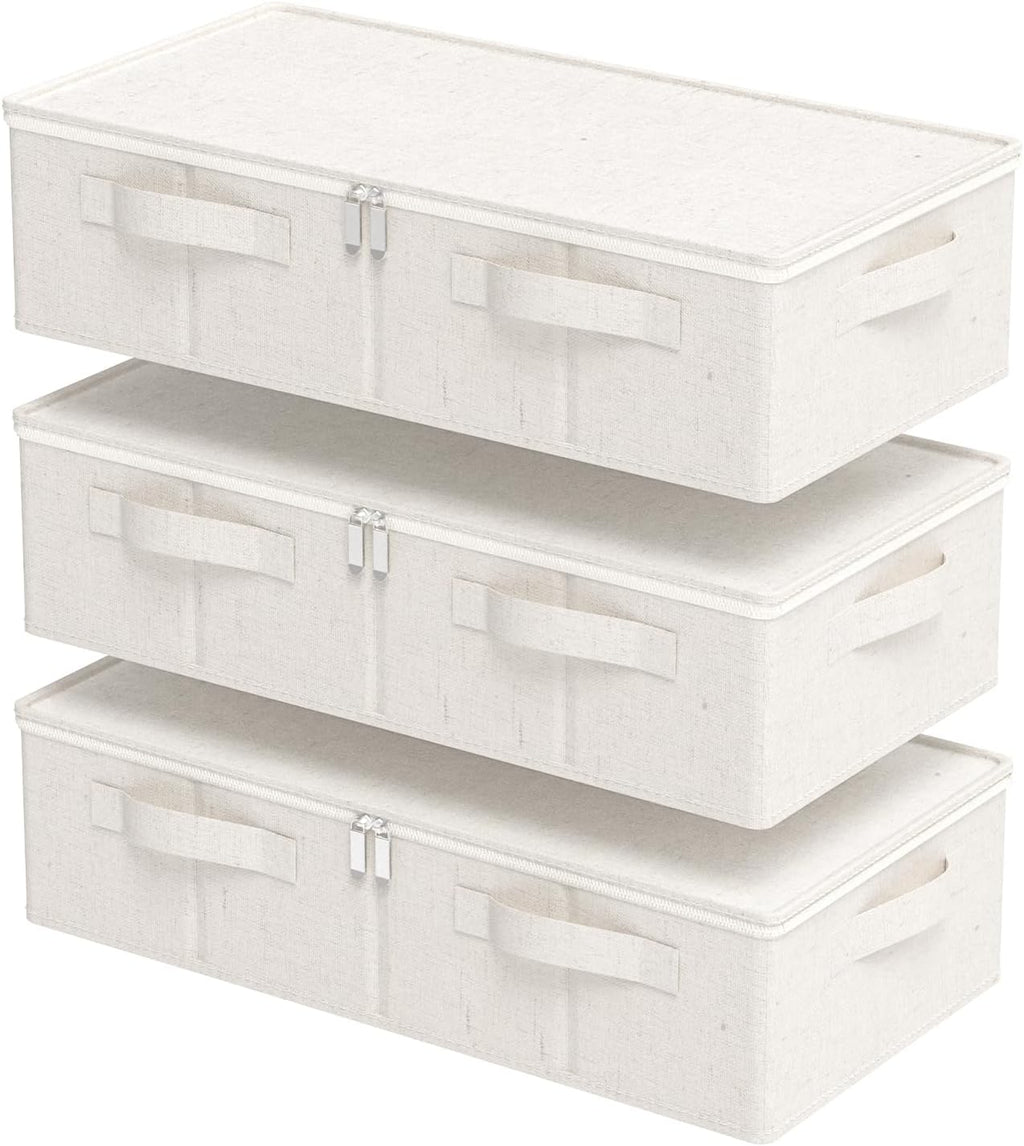 Underbed Storage Box Organizer, Foldable Under Bed Clothes Bags Container, Flat Bins with Lid for Organizing Clothes, Sheets, Blankets, Comforter, 23.6x11.8x5.9in, Beige, 3 Pack