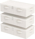 Underbed Storage Box Organizer, Foldable Under Bed Clothes Bags Container, Flat Bins with Lid for Organizing Clothes, Sheets, Blankets, Comforter, 23.6x11.8x5.9in, Beige, 3 Pack