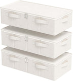 Underbed Storage Box Organizer, Foldable Under Bed Clothes Bags Container, Flat Bins with Lid for Organizing Clothes, Sheets, Blankets, Comforter, 23.6x11.8x5.9in, Beige, 3 Pack