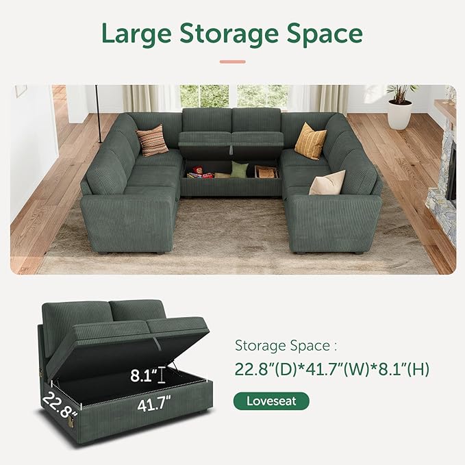HONBAY Modular Sectional Pull Out Couch Bed, Corduroy Sleeper Sofa with Storage Seats, Oversized U Shaped Sectional Couches for Living Room, Green