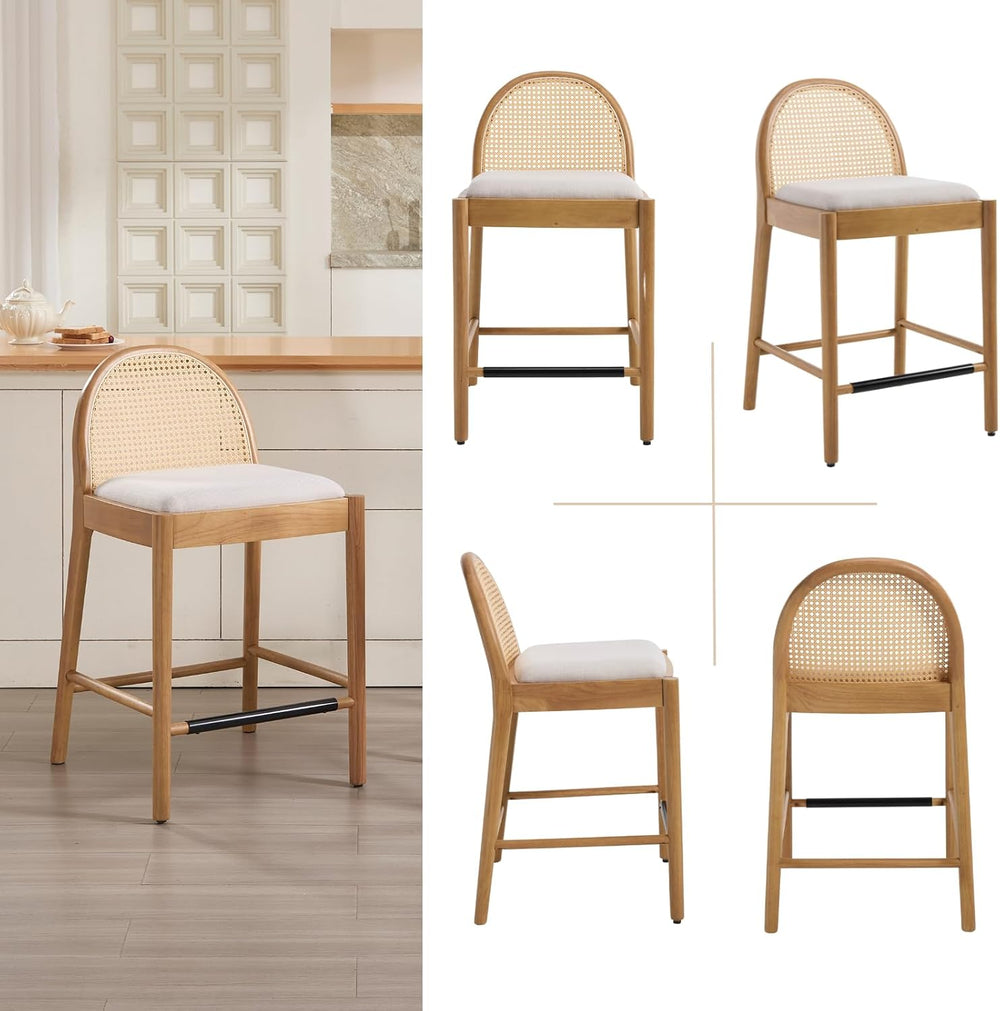 HEAH-YO Rattan Bar Stools Set of 2, 26 Inch Wood Counter Stools with Bakcrest...
