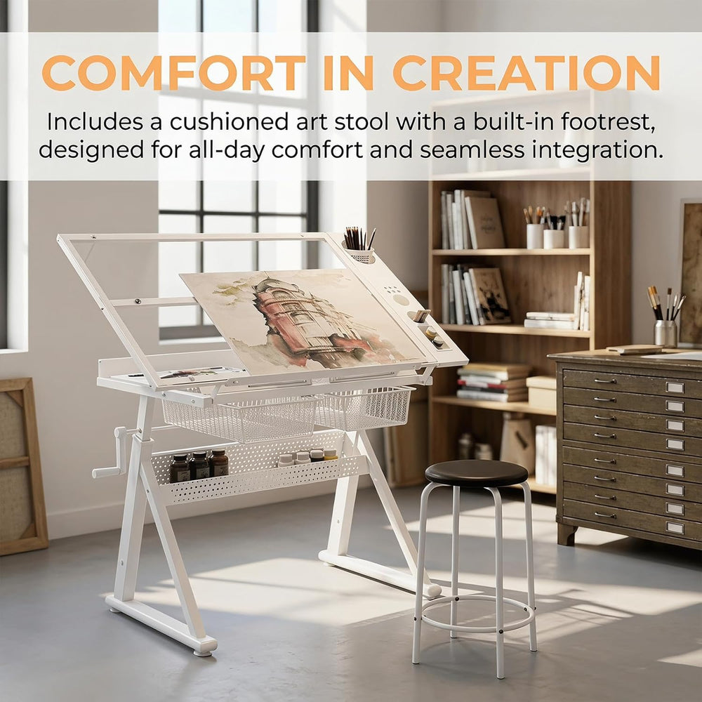Drafting Table w/Art Stool, Hand Crank Height Adjustable Drawing Desk for Adu...