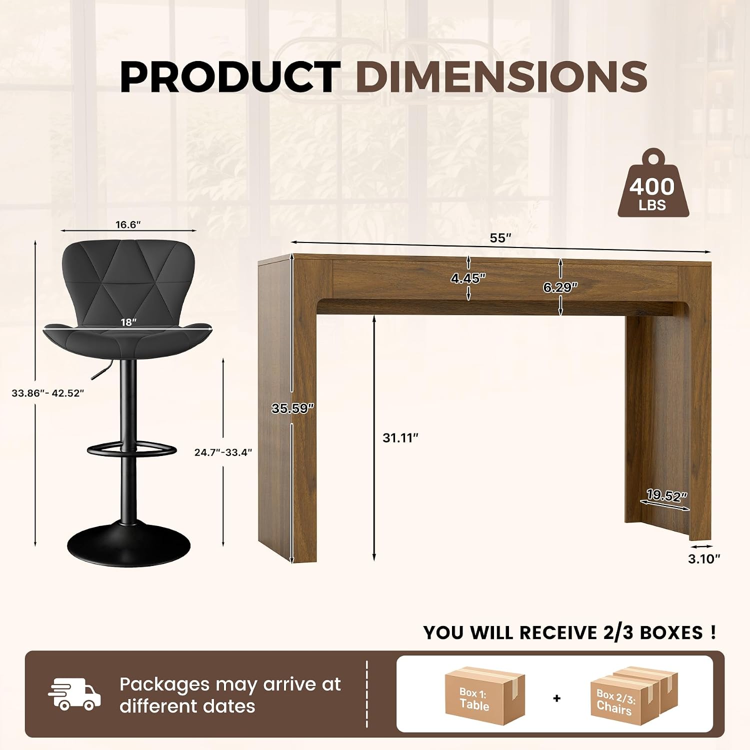 Miereirl 3-Piece Counter Height Bar Table Set, 55 Inch Walnut Pub Dining Table & 2 White Swivel Adjustable Bar Stools, PU Leather Counter Chairs with Backrest for Kitchen Island Dining Room