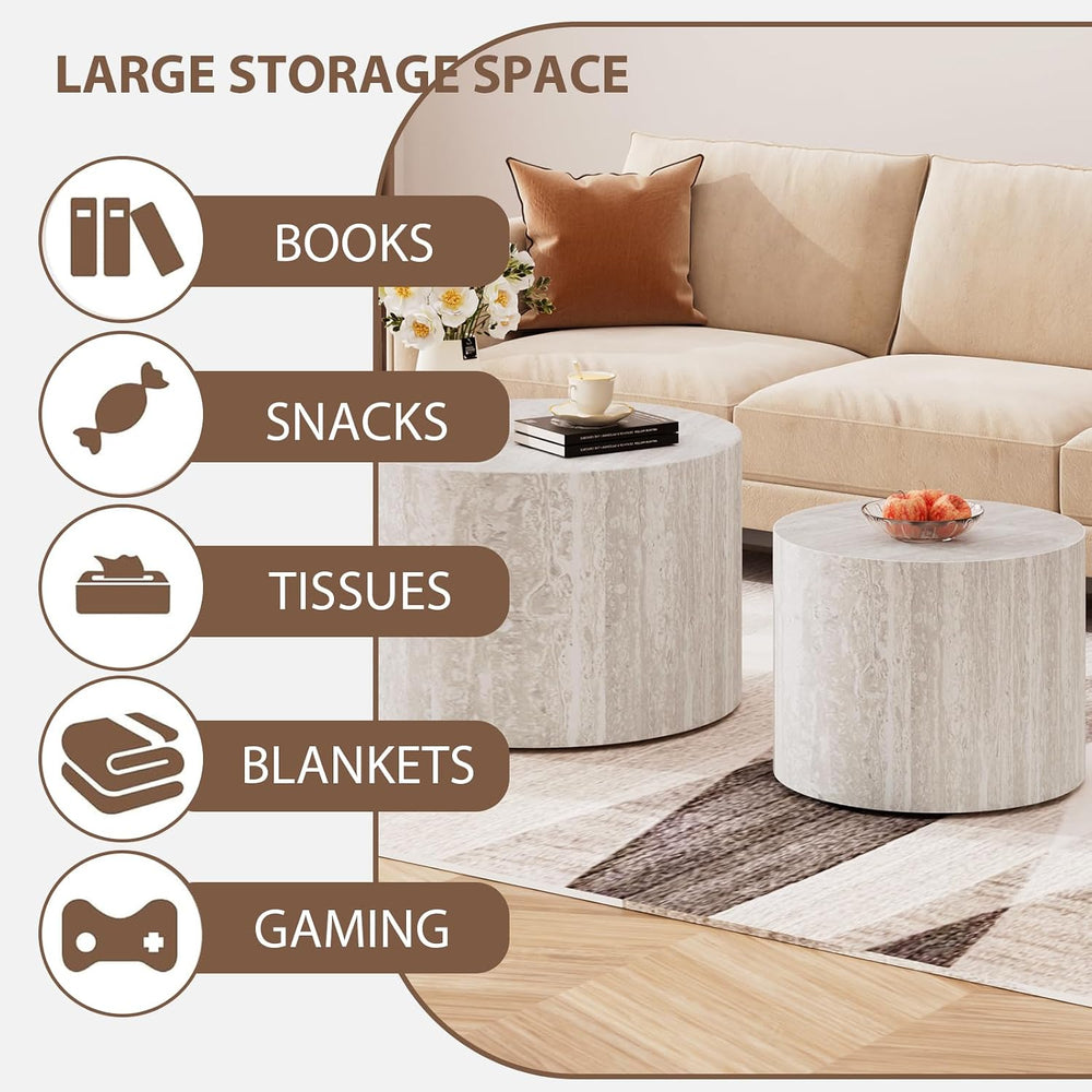 Round Wood Coffee Table Set of 2 Grey Travertine 18.2 inch | 2 Piece Round Wo...