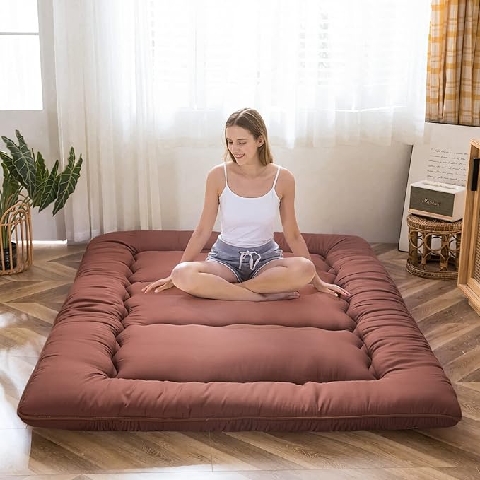 MAXYOYO Japanese Floor Mattress Futon Mattress, 4" Thicken Tatami Mat Sleeping Pad Foldable Roll Up Mat Boys Girls Dormitory Pad Kids Floor Lounger Pillow Bed, Charcoal Grey, Queen Size