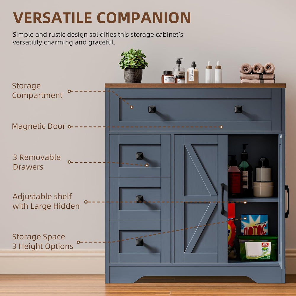 Vabches Farmhouse Storage Cabinet with 2 Doors and 4 Drawers, Blue