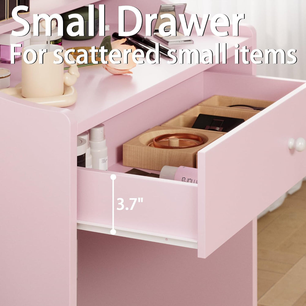 LIKIMIO Small Vanity Desk with Storage Stool and Mirror Lights | Pink compact...