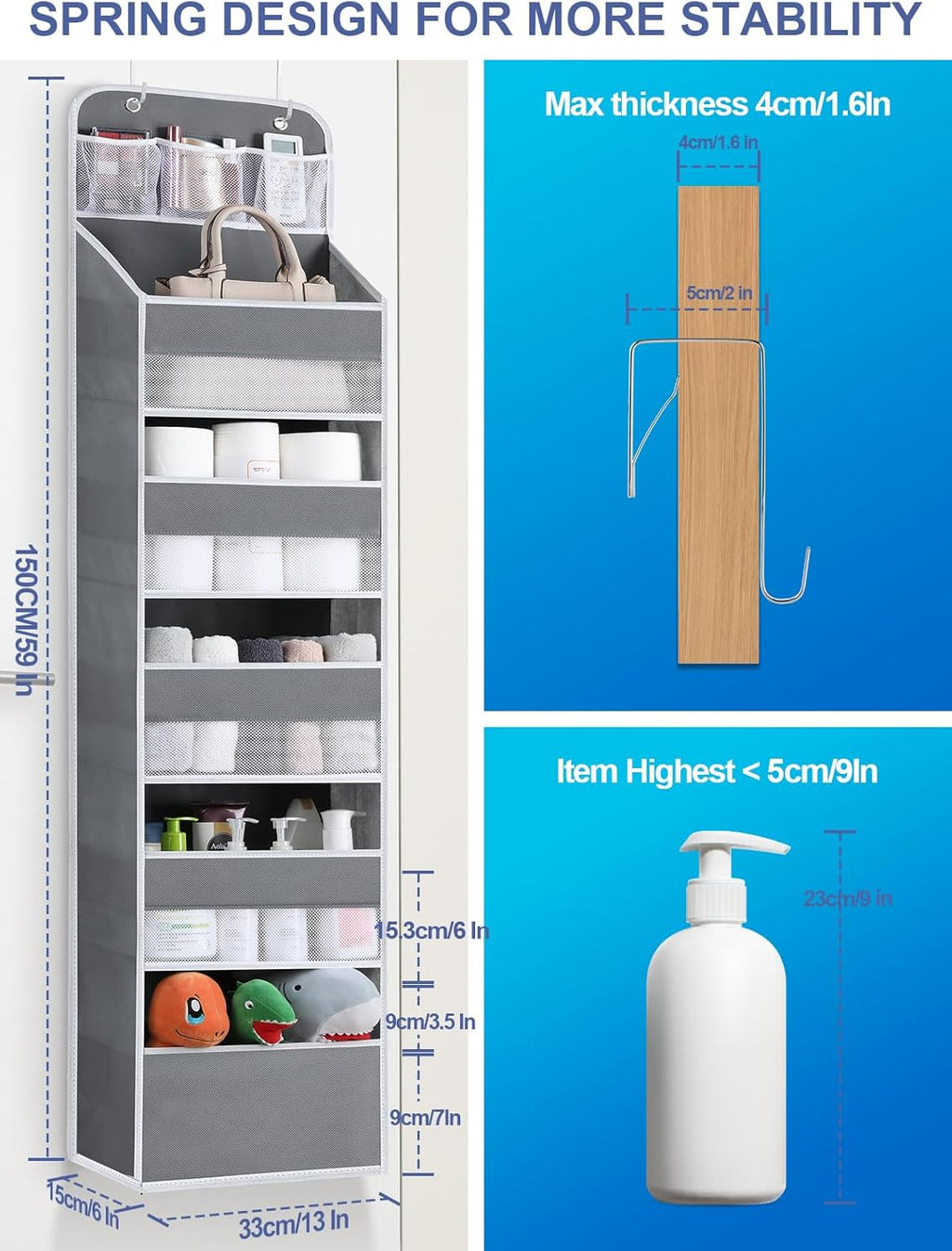 Over the Door Organizers - 5 Shelf Hanging Door Storage with 5 Spacious Pockets, Anti -Tilt 44 lb Load Behind Door Organizer for Bedroom,Nursery,Bathroom,Kitchen,Dorm,Pantry - 1 Pack,Grey