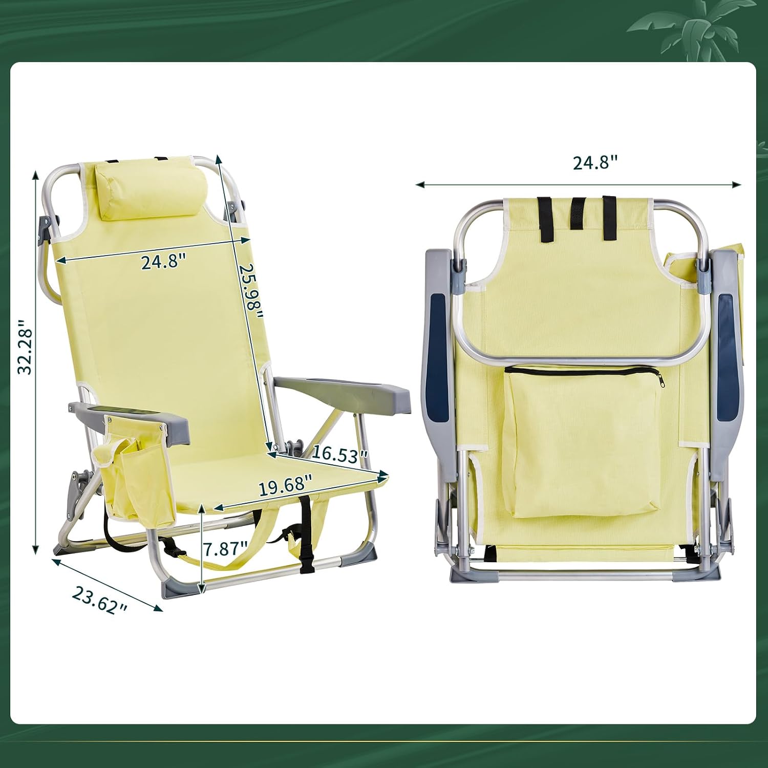 Aluminum Beach Chair Oxford Fabric 100kg Capacity Khaki | Seat Height 20.1 cm, 19.7" x 16.5" Seat, Silver Aluminum Frame, Lightweight Portable, Outdoor Use