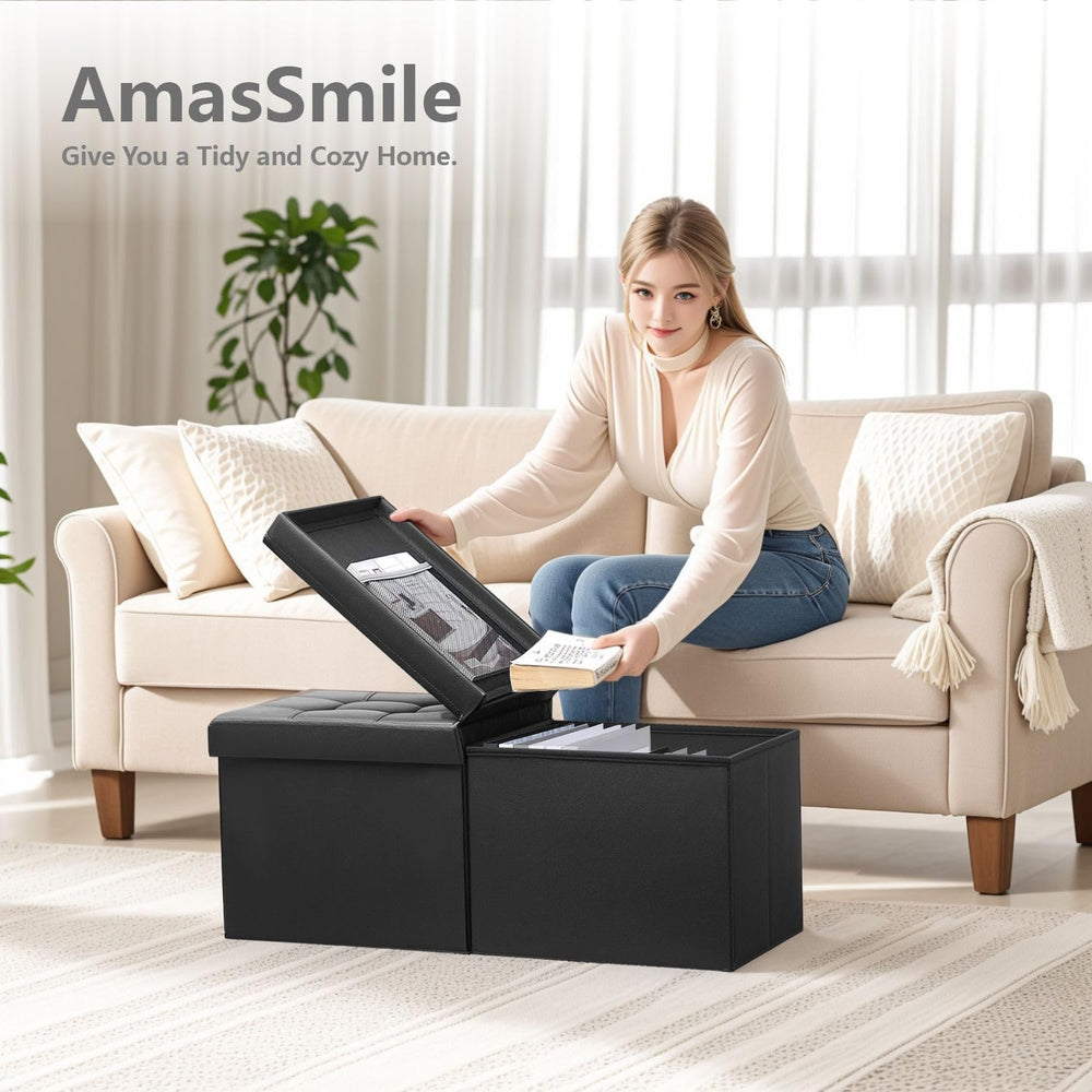 AmasSmile Footrest Ottoman Storage Bench,34" Leather Folding Chest,Black...