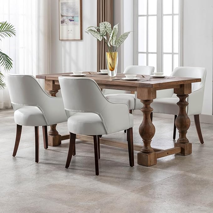 PU Leather Dining Chairs Set of 4 Upholstered Side Chairs Wood Accent Chair for Living Room/Dining Room/Bedroom/Restaurant, White