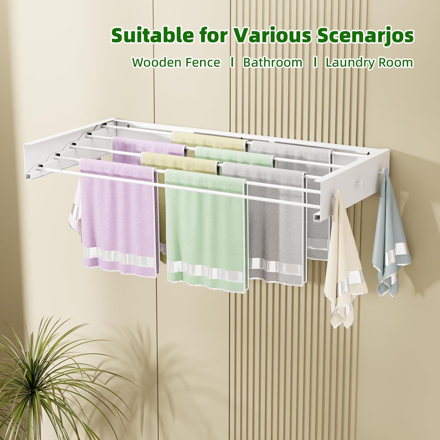 Wall Mounted Drying Rack for Laundry 31.5'', Folding Clothes Drying Rack Wall Mount with 5 Rods and 6 Hooks, Space Saving Collapsible Towel Rack for Indoor Outdoor Bathroom Balcony (White, 31.5'')